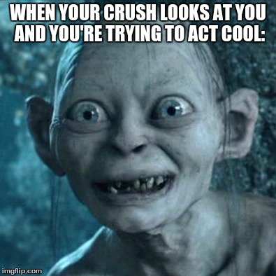 Gollum | WHEN YOUR CRUSH LOOKS AT YOU AND YOU'RE TRYING TO ACT COOL: | image tagged in memes,gollum | made w/ Imgflip meme maker