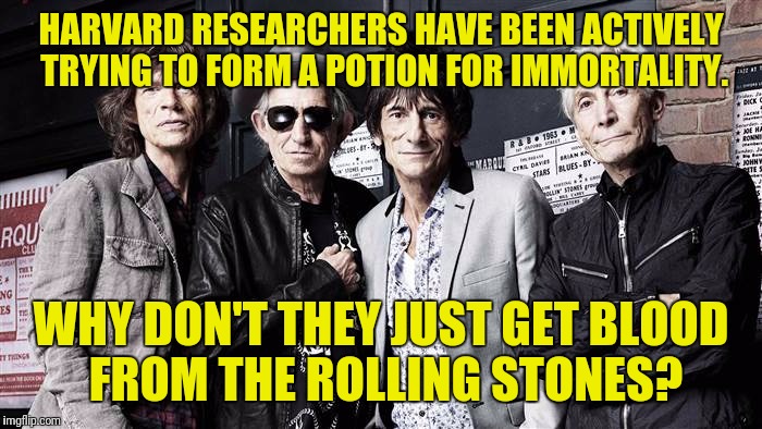 Feel Free to Comment Your Punchline | HARVARD RESEARCHERS HAVE BEEN ACTIVELY TRYING TO FORM A POTION FOR IMMORTALITY. WHY DON'T THEY JUST GET BLOOD FROM THE ROLLING STONES? | image tagged in rolling stones,immortality,harvard university | made w/ Imgflip meme maker