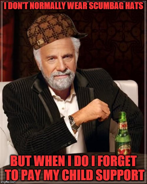 The Most Interesting Man In The World Meme | I DON'T NORMALLY WEAR SCUMBAG HATS; BUT WHEN I DO I FORGET TO PAY MY CHILD SUPPORT | image tagged in memes,the most interesting man in the world,scumbag | made w/ Imgflip meme maker