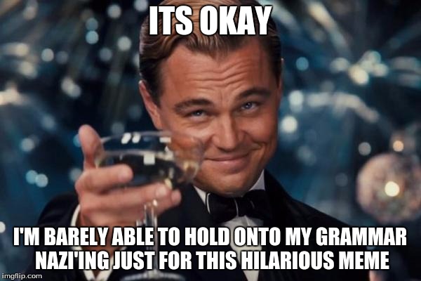 Leonardo Dicaprio Cheers Meme | ITS OKAY I'M BARELY ABLE TO HOLD ONTO MY GRAMMAR NAZI'ING JUST FOR THIS HILARIOUS MEME | image tagged in memes,leonardo dicaprio cheers | made w/ Imgflip meme maker
