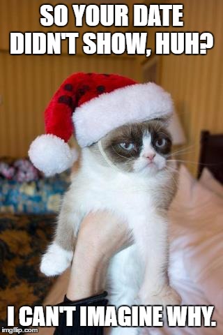 Grumpy Cat Christmas | SO YOUR DATE DIDN'T SHOW, HUH? I CAN'T IMAGINE WHY. | image tagged in memes,grumpy cat christmas,grumpy cat | made w/ Imgflip meme maker