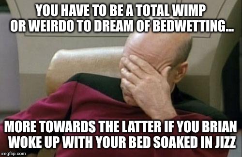 Captain Picard Facepalm Meme | YOU HAVE TO BE A TOTAL WIMP OR WEIRDO TO DREAM OF BEDWETTING... MORE TOWARDS THE LATTER IF YOU BRIAN WOKE UP WITH YOUR BED SOAKED IN JIZZ | image tagged in memes,captain picard facepalm | made w/ Imgflip meme maker