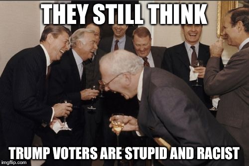 Let them think it. | THEY STILL THINK; TRUMP VOTERS ARE STUPID AND RACIST | image tagged in memes,laughing men in suits | made w/ Imgflip meme maker