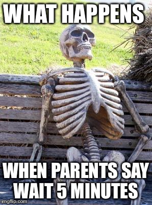 Waiting Skeleton Meme | WHAT HAPPENS; WHEN PARENTS SAY WAIT 5 MINUTES | image tagged in memes,waiting skeleton | made w/ Imgflip meme maker