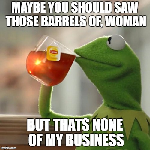 But That's None Of My Business Meme | MAYBE YOU SHOULD SAW THOSE BARRELS OF, WOMAN BUT THATS NONE OF MY BUSINESS | image tagged in memes,but thats none of my business,kermit the frog | made w/ Imgflip meme maker