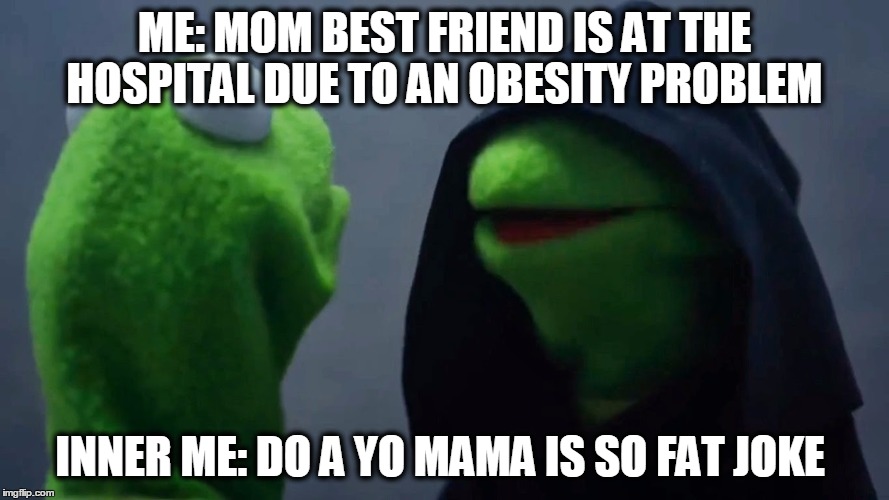 Kermit Inner Me | ME: MOM BEST FRIEND IS AT THE HOSPITAL DUE TO AN OBESITY PROBLEM; INNER ME: DO A YO MAMA IS SO FAT JOKE | image tagged in kermit inner me | made w/ Imgflip meme maker