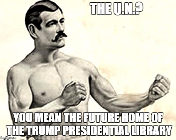 The UN? | THE U.N.? YOU MEAN THE FUTURE HOME OF THE TRUMP PRESIDENTIAL LIBRARY | image tagged in bare knuckle fighter,donald trump,donald trump approves | made w/ Imgflip meme maker