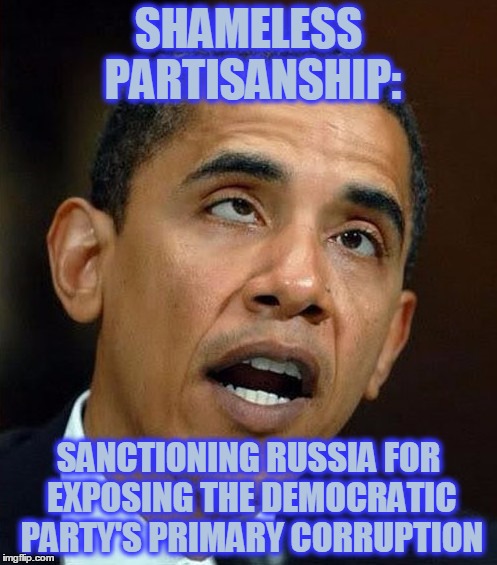 partisanship | SHAMELESS PARTISANSHIP:; SANCTIONING RUSSIA FOR EXPOSING THE DEMOCRATIC PARTY'S PRIMARY CORRUPTION | image tagged in partisanship | made w/ Imgflip meme maker