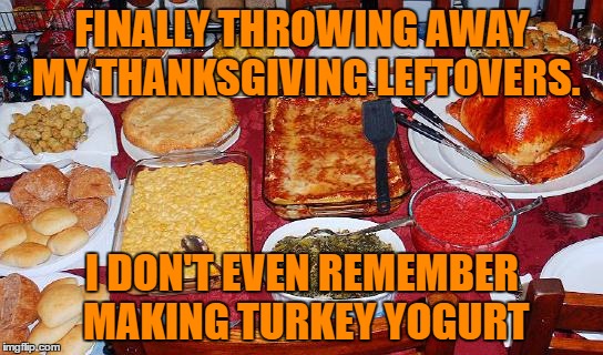 leftovers | FINALLY THROWING AWAY MY THANKSGIVING LEFTOVERS. I DON'T EVEN REMEMBER MAKING TURKEY YOGURT | image tagged in turkey,leftovers,holidays,funny memes,funny,yogurt | made w/ Imgflip meme maker