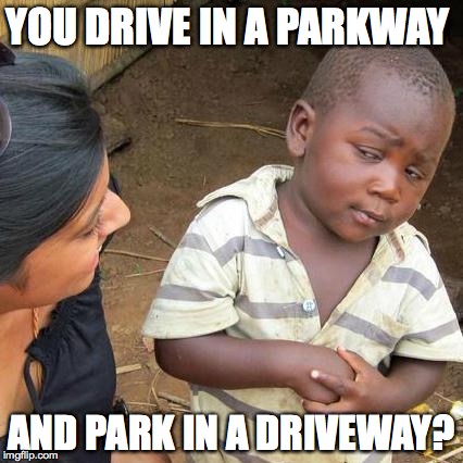 Third World Skeptical Kid | YOU DRIVE IN A PARKWAY; AND PARK IN A DRIVEWAY? | image tagged in memes,third world skeptical kid | made w/ Imgflip meme maker