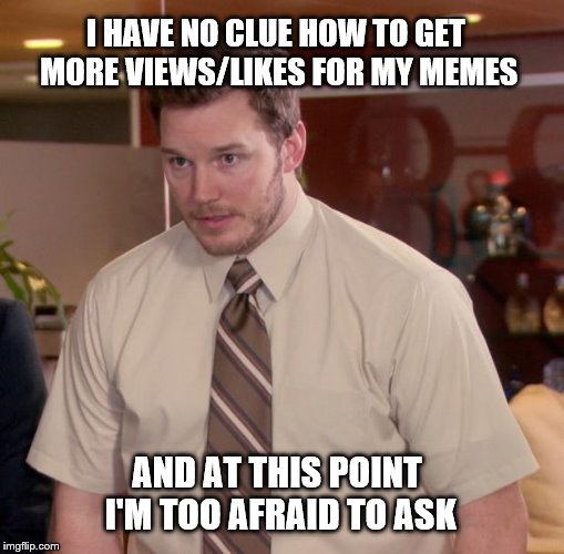 Afraid To Ask Andy | I HAVE NO CLUE HOW TO GET MORE VIEWS/LIKES FOR MY MEMES; AND AT THIS POINT I'M TOO AFRAID TO ASK | image tagged in memes,afraid to ask andy | made w/ Imgflip meme maker