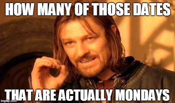 One Does Not Simply Meme | HOW MANY OF THOSE DATES THAT ARE ACTUALLY MONDAYS | image tagged in memes,one does not simply | made w/ Imgflip meme maker