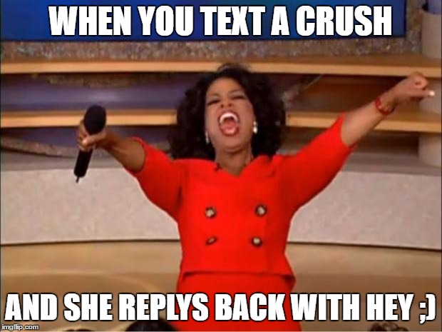 Oprah You Get A Meme | WHEN YOU TEXT A CRUSH; AND SHE REPLYS BACK WITH HEY ;) | image tagged in memes,oprah you get a | made w/ Imgflip meme maker