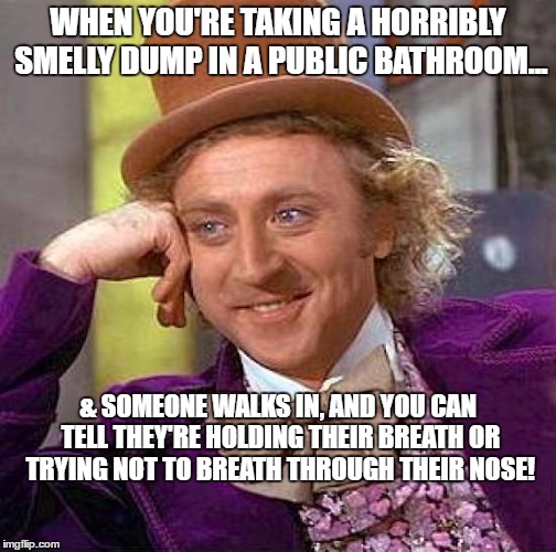 Funny Crap...Literally!  | WHEN YOU'RE TAKING A HORRIBLY SMELLY DUMP IN A PUBLIC BATHROOM... & SOMEONE WALKS IN, AND YOU CAN TELL THEY'RE HOLDING THEIR BREATH OR TRYING NOT TO BREATH THROUGH THEIR NOSE! | image tagged in memes,crap,funny,funny meme,too funny | made w/ Imgflip meme maker