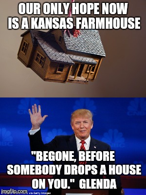 Donald Trump death by farmhouse | OUR ONLY HOPE NOW IS A KANSAS FARMHOUSE; "BEGONE, BEFORE SOMEBODY DROPS A HOUSE ON YOU."  GLENDA | image tagged in donald trump,glenda,wizard of oz,death | made w/ Imgflip meme maker
