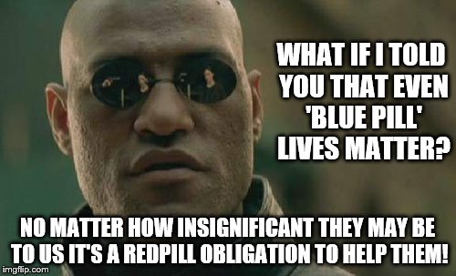 Matrix Morpheus reminds us that 'Blue Pill' lives matter |  WHAT IF I TOLD YOU THAT EVEN 'BLUE PILL' LIVES MATTER? NO MATTER HOW INSIGNIFICANT THEY MAY BE TO US IT'S A REDPILL OBLIGATION TO HELP THEM! | image tagged in memes,matrix morpheus,morpheus blue  red pill,red pill,blue pill,all lives matter | made w/ Imgflip meme maker