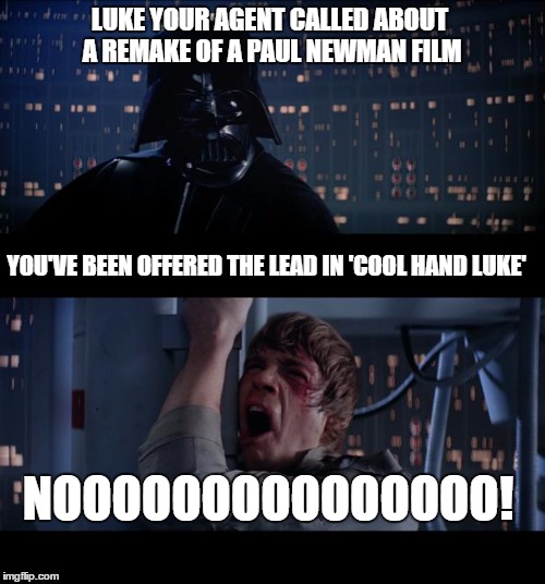 Star Wars No | LUKE YOUR AGENT CALLED ABOUT A REMAKE OF A PAUL NEWMAN FILM; YOU'VE BEEN OFFERED THE LEAD IN 'COOL HAND LUKE'; NOOOOOOOOOOOOOOO! | image tagged in memes,star wars no | made w/ Imgflip meme maker