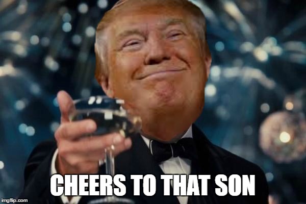 Trump cheers | CHEERS TO THAT SON | image tagged in trump cheers | made w/ Imgflip meme maker