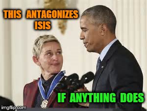ellen | THIS   ANTAGONIZES  ISIS; IF  ANYTHING  DOES | image tagged in ellen | made w/ Imgflip meme maker