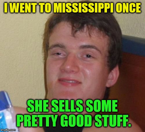 I think he means Mrs Hippie. | I WENT TO MISSISSIPPI ONCE; SHE SELLS SOME PRETTY GOOD STUFF. | image tagged in memes,10 guy | made w/ Imgflip meme maker