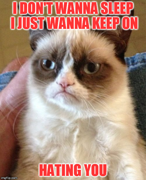 Now playing on K-IMG, Grumpeo Speedwagon! | I DON'T WANNA SLEEP I JUST WANNA KEEP ON; HATING YOU | image tagged in memes,grumpy cat | made w/ Imgflip meme maker