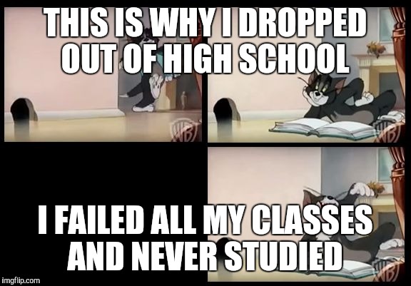 Why tom dropped out of high school  | THIS IS WHY I DROPPED OUT OF HIGH SCHOOL; I FAILED ALL MY CLASSES AND NEVER STUDIED | image tagged in tom and jerry book | made w/ Imgflip meme maker