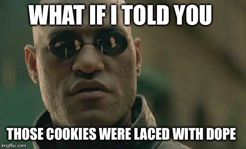 Matrix Morpheus Meme | WHAT IF I TOLD YOU THOSE COOKIES WERE LACED WITH DOPE | image tagged in memes,matrix morpheus | made w/ Imgflip meme maker