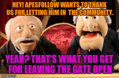 HEY! APESFOLLOW WANTS TO THANK US FOR LETTING HIM IN  THE COMMUNITY. YEAH? THAT'S WHAT YOU GET FOR LEAVING THE GATE OPEN | made w/ Imgflip meme maker