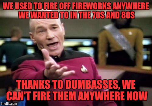 Picard Wtf | WE USED TO FIRE OFF FIREWORKS ANYWHERE WE WANTED TO IN THE 70S AND 80S; THANKS TO DUMBASSES, WE CAN'T FIRE THEM ANYWHERE NOW | image tagged in memes,picard wtf | made w/ Imgflip meme maker