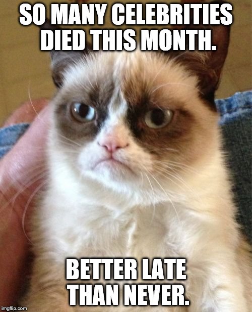 A lot of celebrities pasted away, very unfortunate. | SO MANY CELEBRITIES DIED THIS MONTH. BETTER LATE THAN NEVER. | image tagged in memes,grumpy cat,celebs,carrie fisher,george michael,david bowie | made w/ Imgflip meme maker