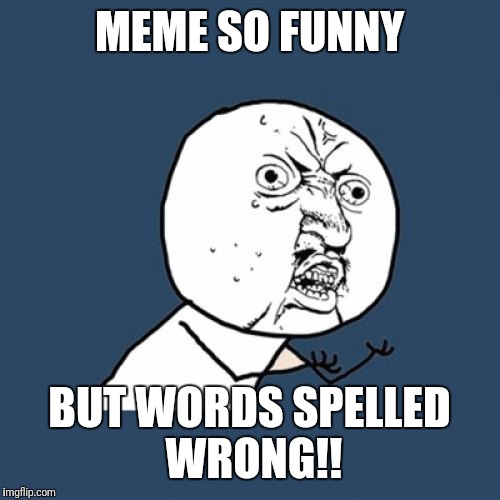 Y U No | MEME SO FUNNY; BUT WORDS SPELLED WRONG!! | image tagged in memes,y u no | made w/ Imgflip meme maker