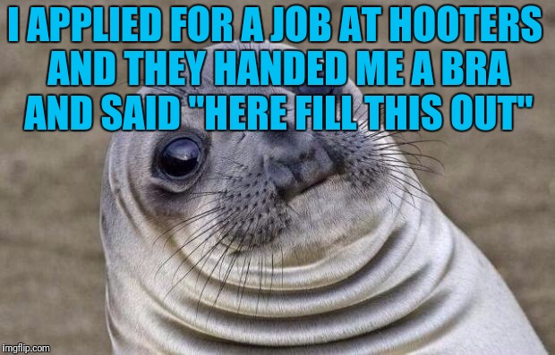 Awkward Moment Sealion Meme | I APPLIED FOR A JOB AT HOOTERS AND THEY HANDED ME A BRA AND SAID "HERE FILL THIS OUT" | image tagged in memes,awkward moment sealion | made w/ Imgflip meme maker