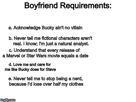 Boyfriend Requirements | image tagged in bucky barnes,marvel,nerd,boyfriend | made w/ Imgflip meme maker