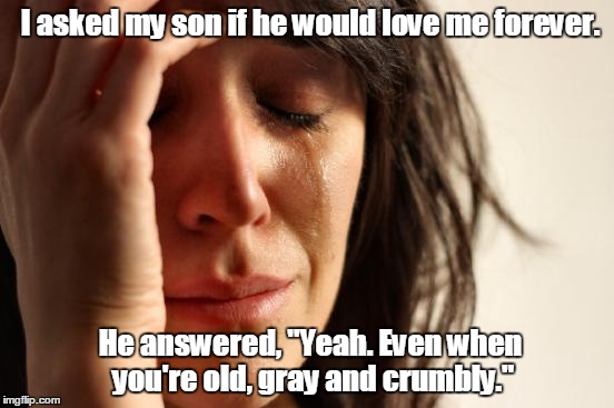 First World Problems Meme | I asked my son if he would love me forever. He answered, "Yeah. Even when you're old, gray and crumbly." | image tagged in memes,first world problems | made w/ Imgflip meme maker