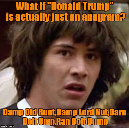 Conspiracy Keanu Meme | What if "Donald Trump" is actually just an anagram? Damp Old Runt,Damp Lord Nut,Darn Dolt Ump,Ran Dolt Dump | image tagged in memes,conspiracy keanu | made w/ Imgflip meme maker