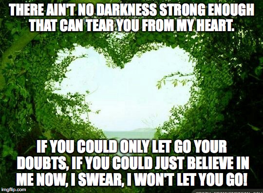 nature heart | THERE AIN'T NO DARKNESS STRONG ENOUGH THAT CAN TEAR YOU FROM MY HEART. IF YOU COULD ONLY LET GO YOUR DOUBTS, IF YOU COULD JUST BELIEVE IN ME NOW, I SWEAR, I WON'T LET YOU GO! | image tagged in nature heart | made w/ Imgflip meme maker