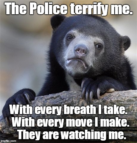 Confession Bear Meme | The Police terrify me. With every breath I take.  With every move I make.   They are watching me. | image tagged in memes,confession bear | made w/ Imgflip meme maker