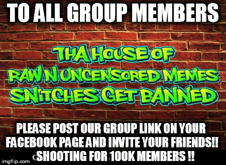 TO ALL GROUP MEMBERS; PLEASE POST OUR GROUP LINK ON YOUR FACEBOOK PAGE AND INVITE YOUR FRIENDS!!    SHOOTING FOR 100K MEMBERS !! | image tagged in join my group | made w/ Imgflip meme maker