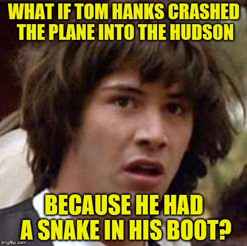 Someone's confused | WHAT IF TOM HANKS CRASHED THE PLANE INTO THE HUDSON; BECAUSE HE HAD A SNAKE IN HIS BOOT? | image tagged in memes,conspiracy keanu | made w/ Imgflip meme maker