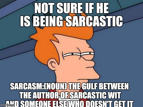 Futurama Fry Meme | NOT SURE IF HE IS BEING SARCASTIC; SARCASM:(NOUN) THE GULF BETWEEN THE AUTHOR OF SARCASTIC WIT AND SOMEONE ELSE WHO DOESN'T GET IT | image tagged in memes,futurama fry | made w/ Imgflip meme maker