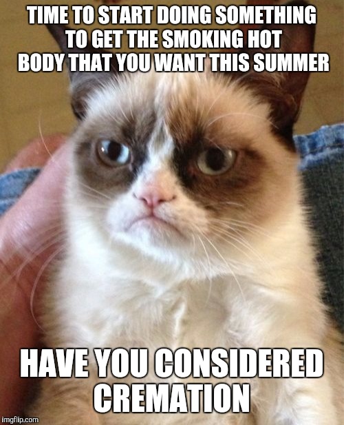 Grumpy Cat Meme | TIME TO START DOING SOMETHING TO GET THE SMOKING HOT BODY THAT YOU WANT THIS SUMMER; HAVE YOU CONSIDERED CREMATION | image tagged in memes,grumpy cat | made w/ Imgflip meme maker