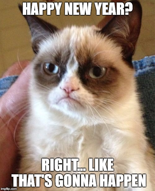 Grumpy Cat Meme | HAPPY NEW YEAR? RIGHT... LIKE THAT'S GONNA HAPPEN | image tagged in memes,grumpy cat | made w/ Imgflip meme maker