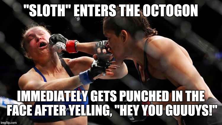 Rousey punched | "SLOTH" ENTERS THE OCTOGON; IMMEDIATELY GETS PUNCHED IN THE FACE AFTER YELLING, "HEY YOU GUUUYS!" | image tagged in rousey punched | made w/ Imgflip meme maker