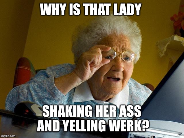 Grandma Finds The Internet Meme | WHY IS THAT LADY; SHAKING HER ASS AND YELLING WERK? | image tagged in memes,grandma finds the internet | made w/ Imgflip meme maker