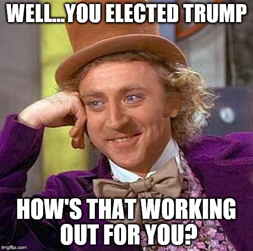 Creepy Condescending Wonka Meme | WELL...YOU ELECTED TRUMP; HOW'S THAT WORKING OUT FOR YOU? | image tagged in memes,creepy condescending wonka | made w/ Imgflip meme maker