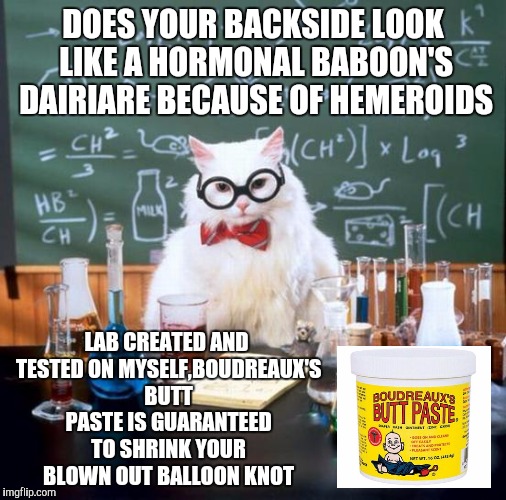 If science cat made a T.V. ad. | DOES YOUR BACKSIDE LOOK LIKE A HORMONAL BABOON'S DAIRIARE BECAUSE OF HEMEROIDS; LAB CREATED AND TESTED ON MYSELF,BOUDREAUX'S BUTT PASTE IS GUARANTEED TO SHRINK YOUR BLOWN OUT BALLOON KNOT | image tagged in memes,chemistry cat | made w/ Imgflip meme maker