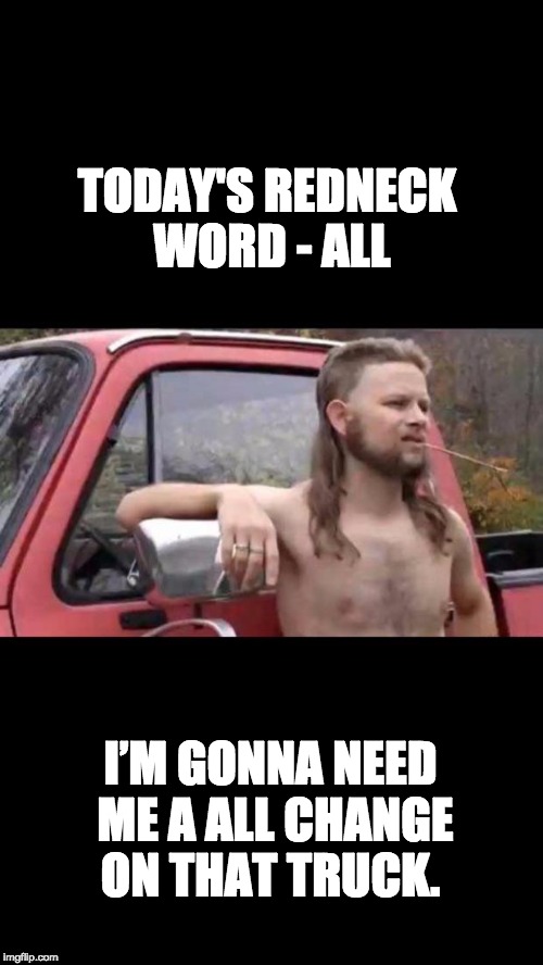redneck hillbilly | TODAY'S REDNECK WORD - ALL; I’M GONNA NEED ME A ALL CHANGE ON THAT TRUCK. | image tagged in redneck hillbilly | made w/ Imgflip meme maker