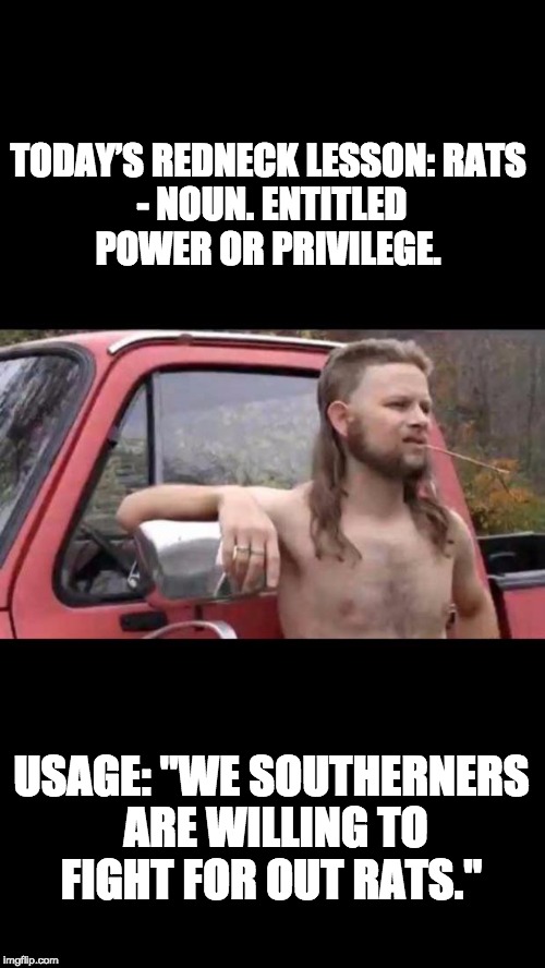 redneck hillbilly | TODAY’S REDNECK LESSON:
RATS - NOUN. ENTITLED POWER OR PRIVILEGE. USAGE: "WE SOUTHERNERS ARE WILLING TO FIGHT FOR OUT RATS." | image tagged in redneck hillbilly | made w/ Imgflip meme maker