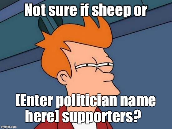Futurama Fry Meme | Not sure if sheep or [Enter politician name here] supporters? | image tagged in memes,futurama fry | made w/ Imgflip meme maker