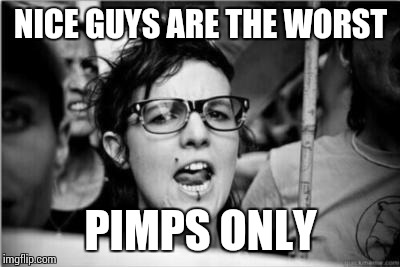 Feminist | NICE GUYS ARE THE WORST; PIMPS ONLY | image tagged in feminist | made w/ Imgflip meme maker